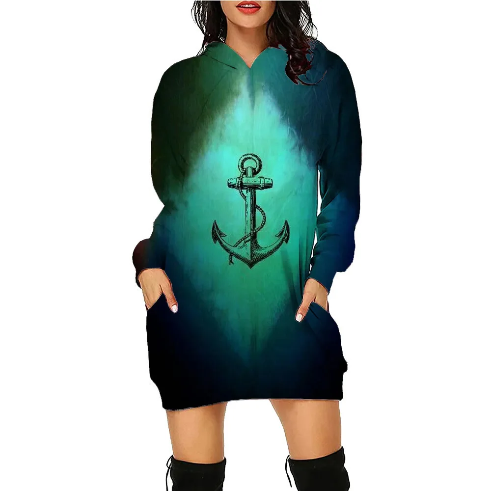 

3d Anchor Printed Hoodie Dress Animal Women's Daily Workout Hoodies Long Sleeve Pullover Autumn Winter Loose Tee Traf Vestido