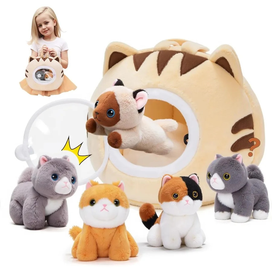 

OUOZZZ Cat Stuffed Animal House Plush Kitten Toy Set with 5 Soft Cats Interactive Travel-Friendly Kitties Carrier Playset for T