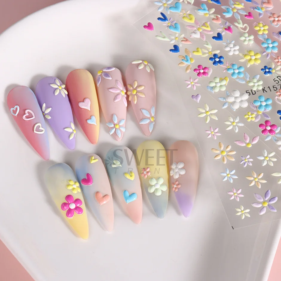 5D Embossed Flower Colorful Nail Stickers Simple DIY Wildflower Sliders Sunflower Daisy Spring Engraved Art Manicure Decals image 4
