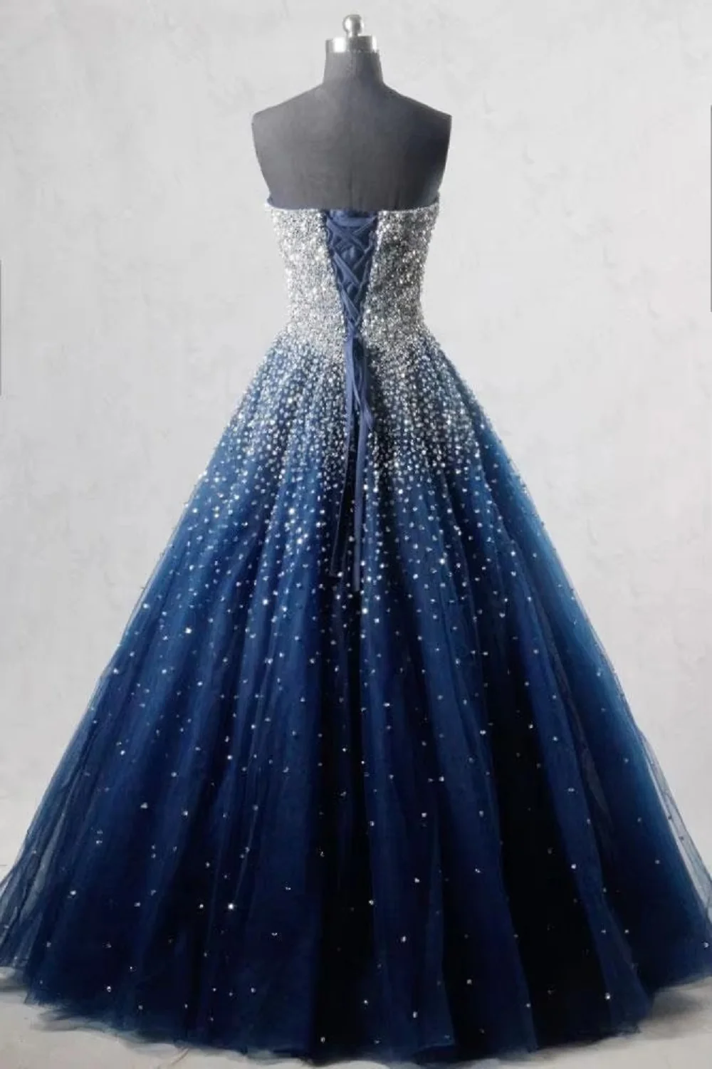 Luxury Handmade Beaded Ball Gown Off Shoulder Tulle Long Navy Blue Black Girls Favorite Party Dress