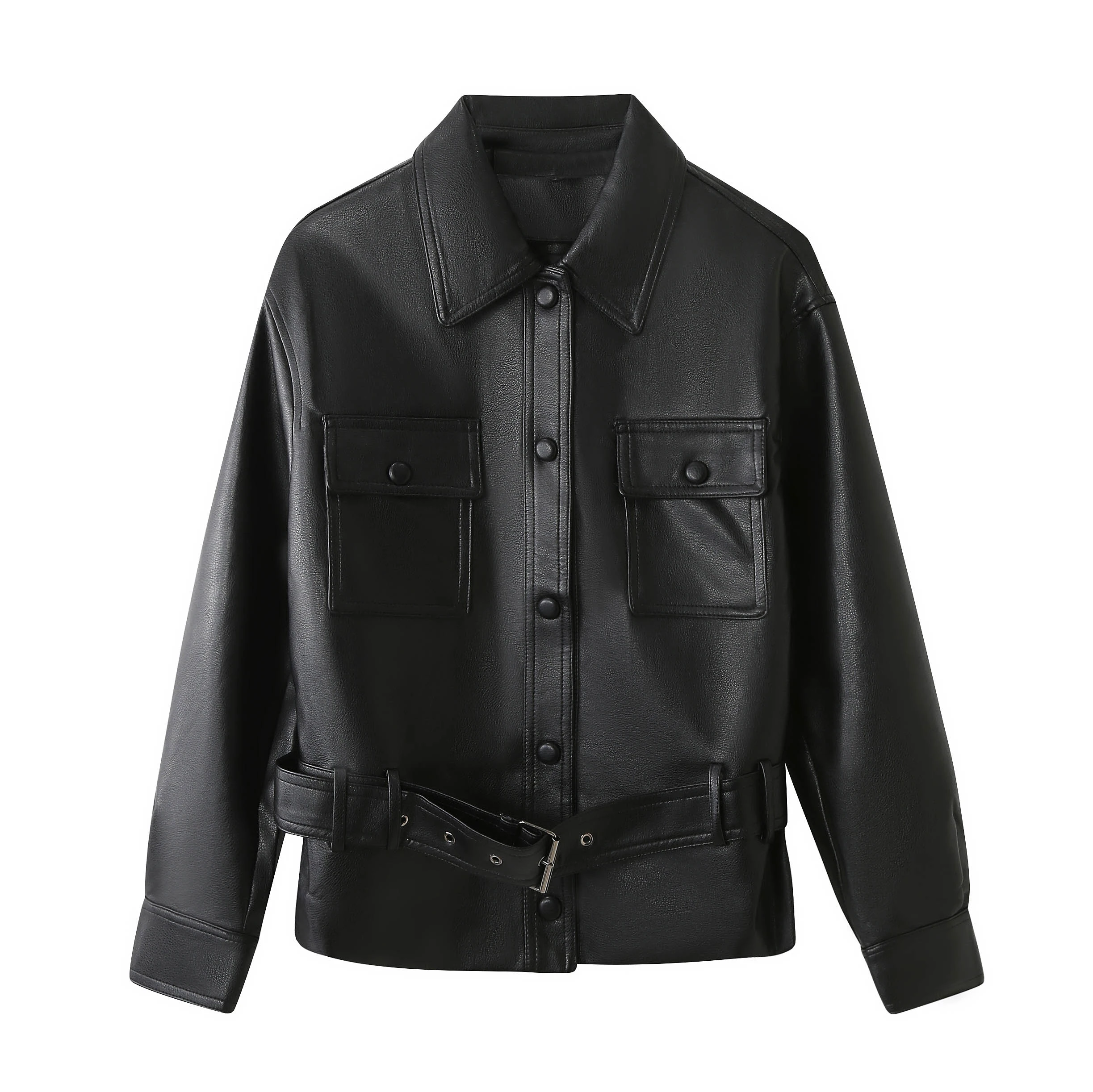 Ele PU-Leder Biker Jaet Damen Faion Abnehmen Single-Button Taille-Cinching Frühling Herbst Sli Top