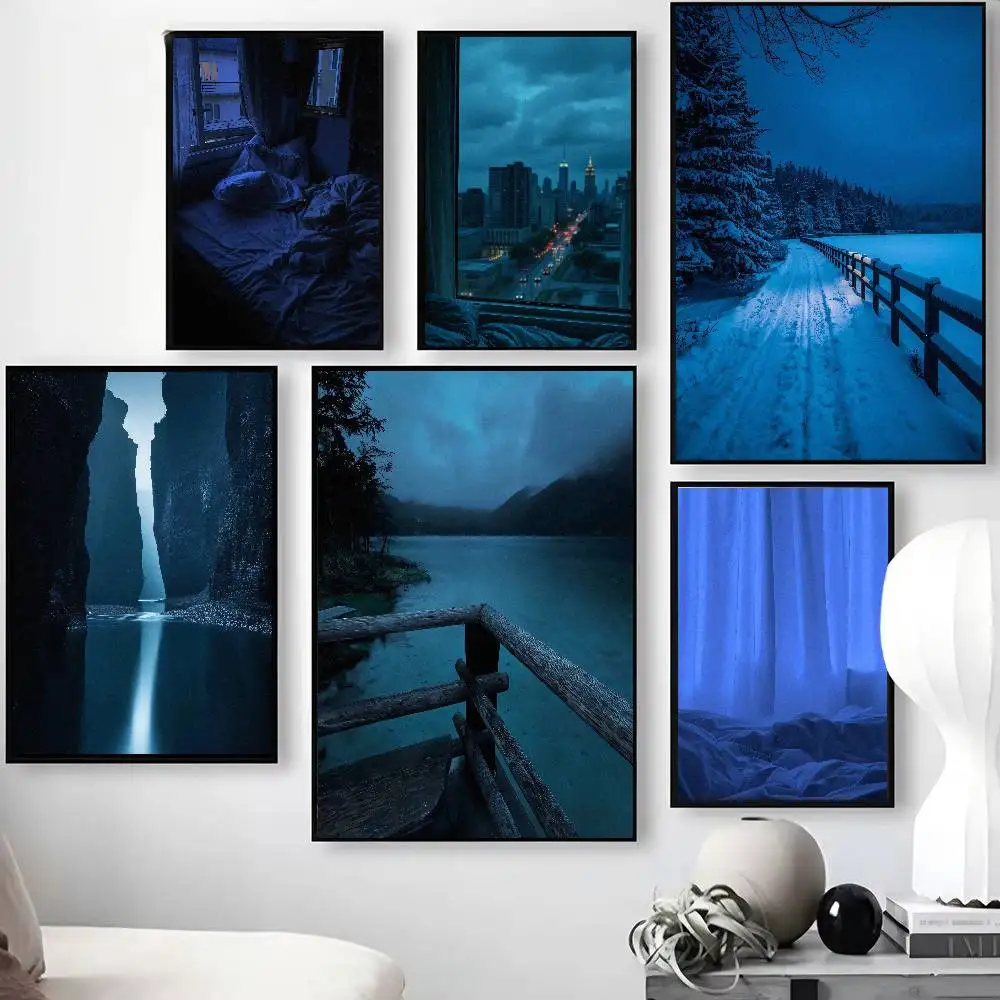 Cool Blue Twilight Forest Lakeside Wall Print, Serene Night Cabin Pine Tree Misty Lake Blue Hour Nature Poster Home Decor