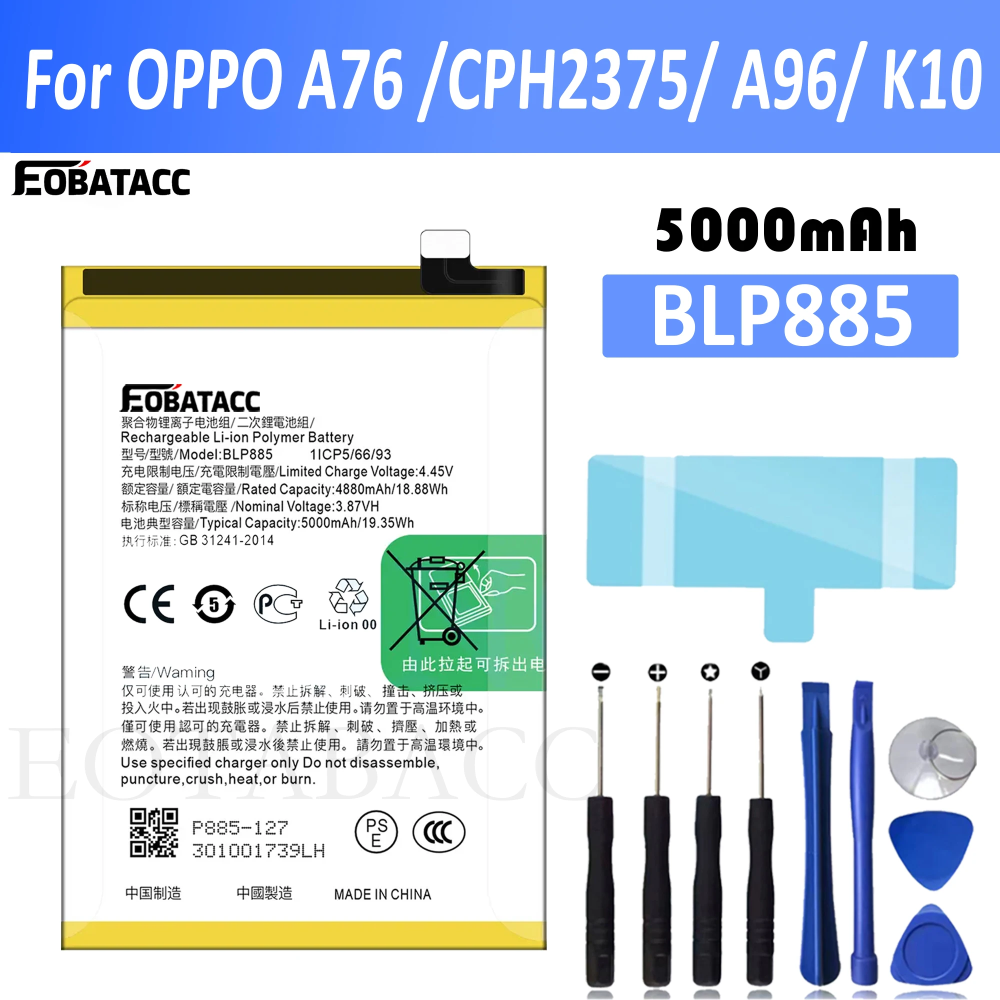 EOTABACC 100% New Original Battery BLP885  For  OPPO A76 /(CPH2375)/ A96/K10 Battery +Tools