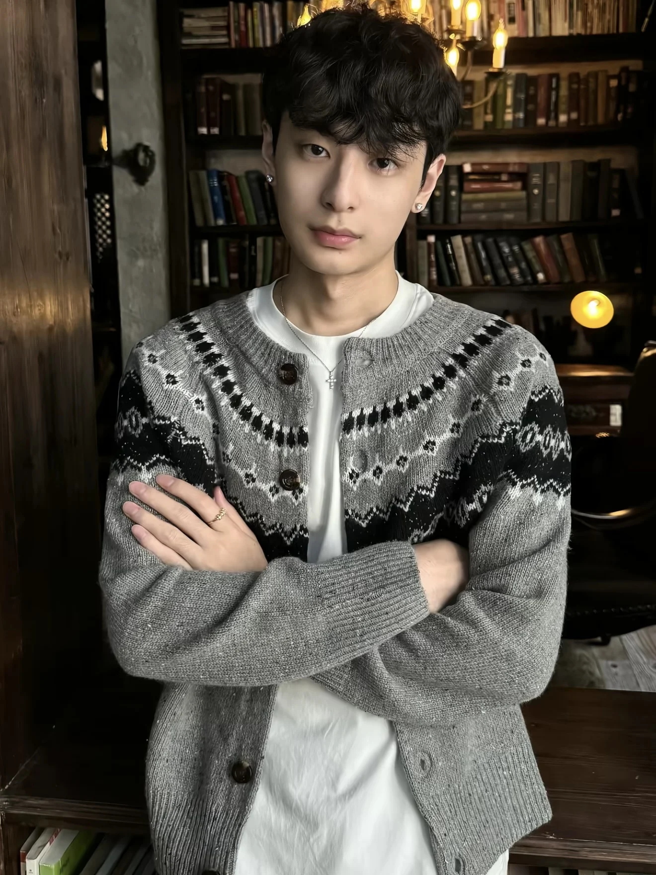 

Винтажный вязаный кардиган с узором Fair Isle Star для мужчин, осенне-зимний, теплый, удобный, повседневный, с длинными рукавами, круглым вырезом