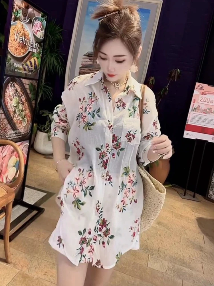 

Chinese style floral loose casual fashion set women's summer thin style sun protection long sleeved shirt shorts two-piece set
