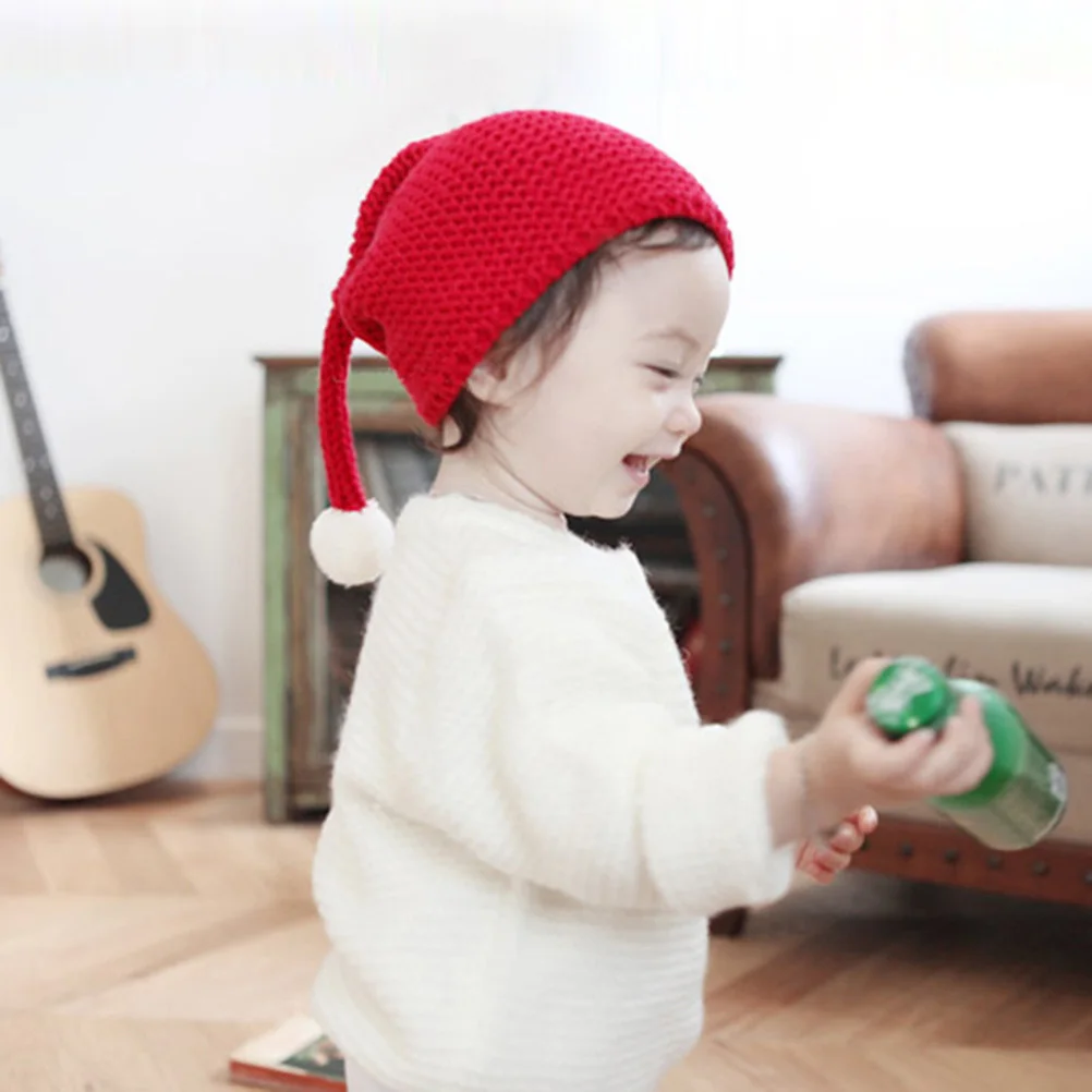 

Infant Knit Hat Winter Warm Beanie for Kids with Pompom Long Tail Santa Style Cap Christmas Bonnet Xmas Gift
