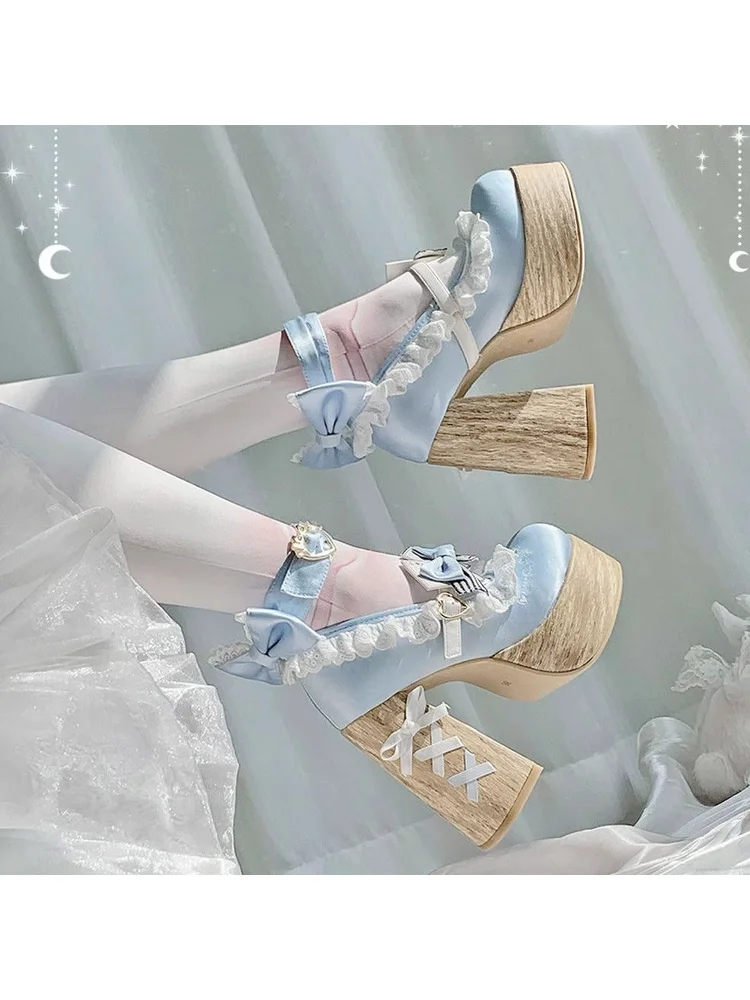 

Dream Castle Lolita Bow High Heels Cute Girl Lolita Sweet Princess Shoes Waterproof Platform Single Shoes