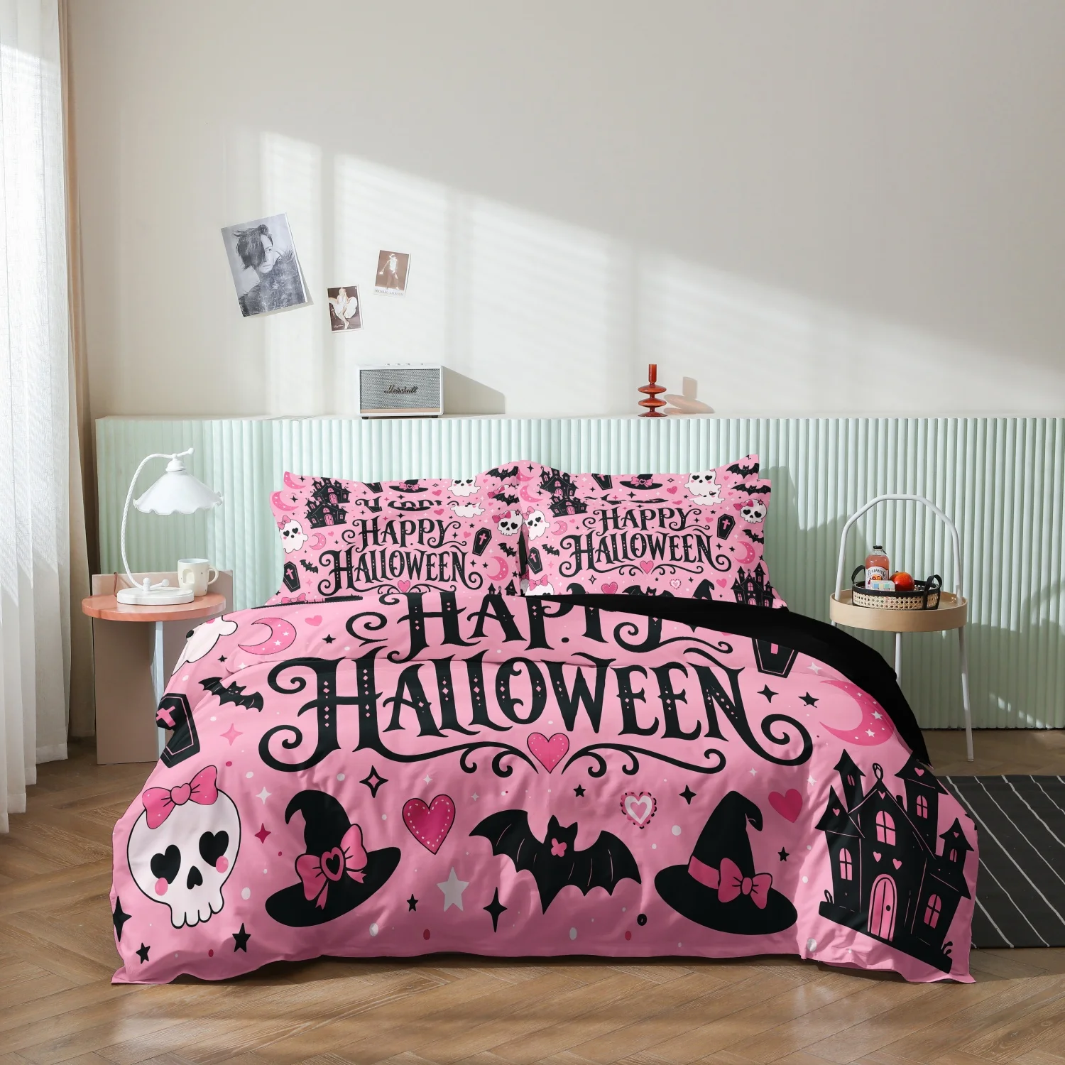 3 Pieces Pink Happy Halloween Print Duvet Cover Set, Cute Spooky Skull Hat Bat Castle Heart Moon Star Print Bedding