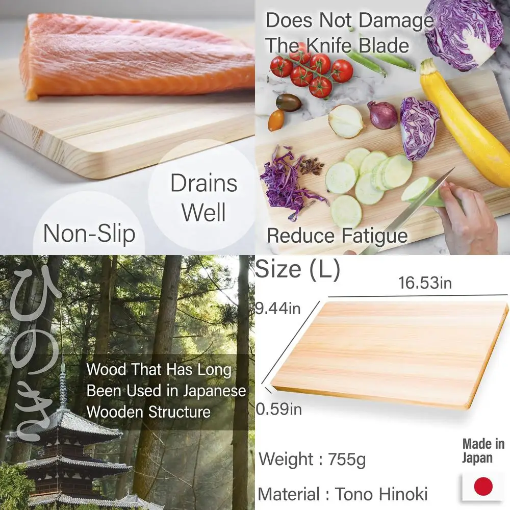 

Large Japanese Hinoki Wood Cutting Board - Durable Cypress Chopping Board, Made in Japan, 16.53x9.44x0.59 inches