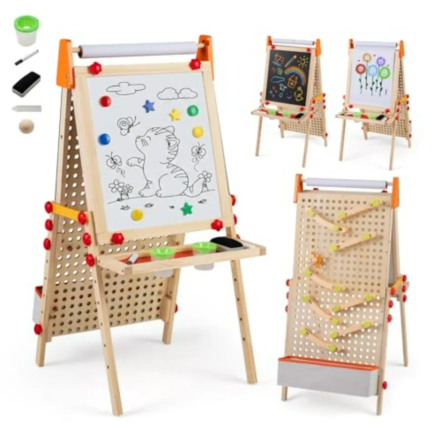 

4-in-1 Adjustable Foldable Drawing Art Easel for 3+ with Double-Sided Chalkboard and Magnetic Whiteboard Marble Run Side Storag