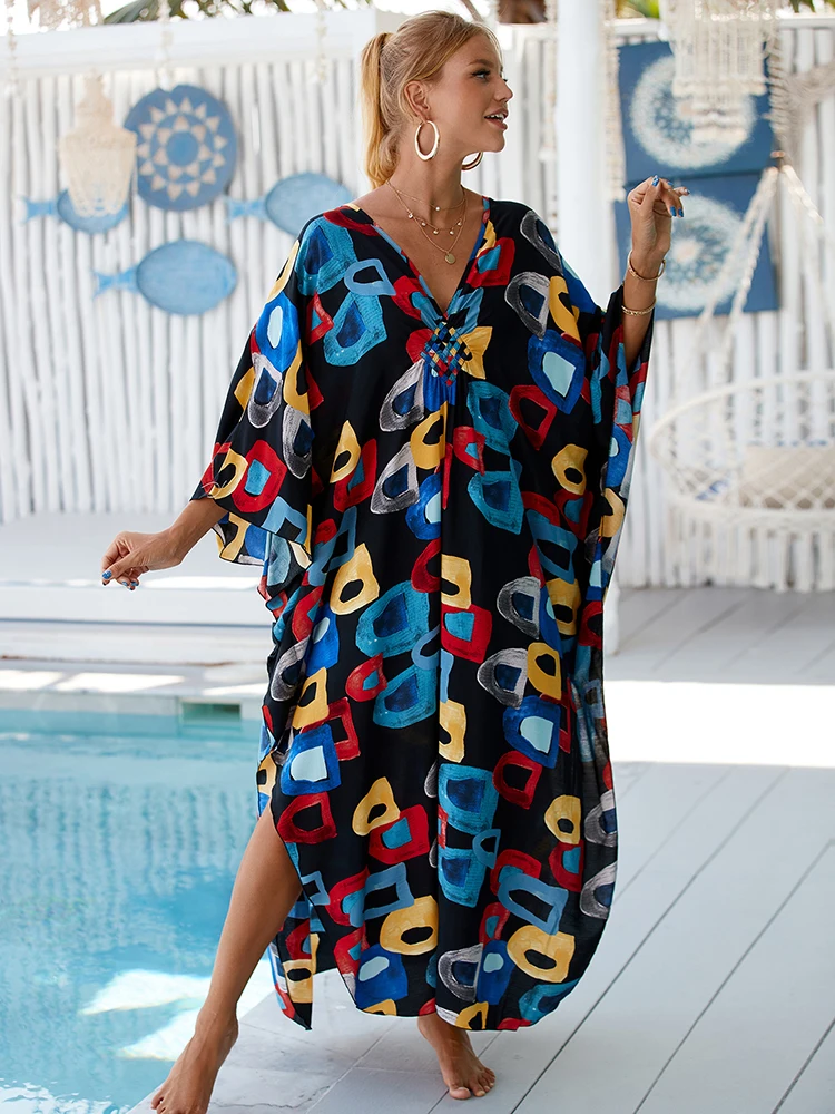 Summer Bohemian Dress Black Strip Beach Cover Up Robe De Plage Sarong Swimsuit Cover Up Beachwear Cover-ups Beach Kaftan Tunic