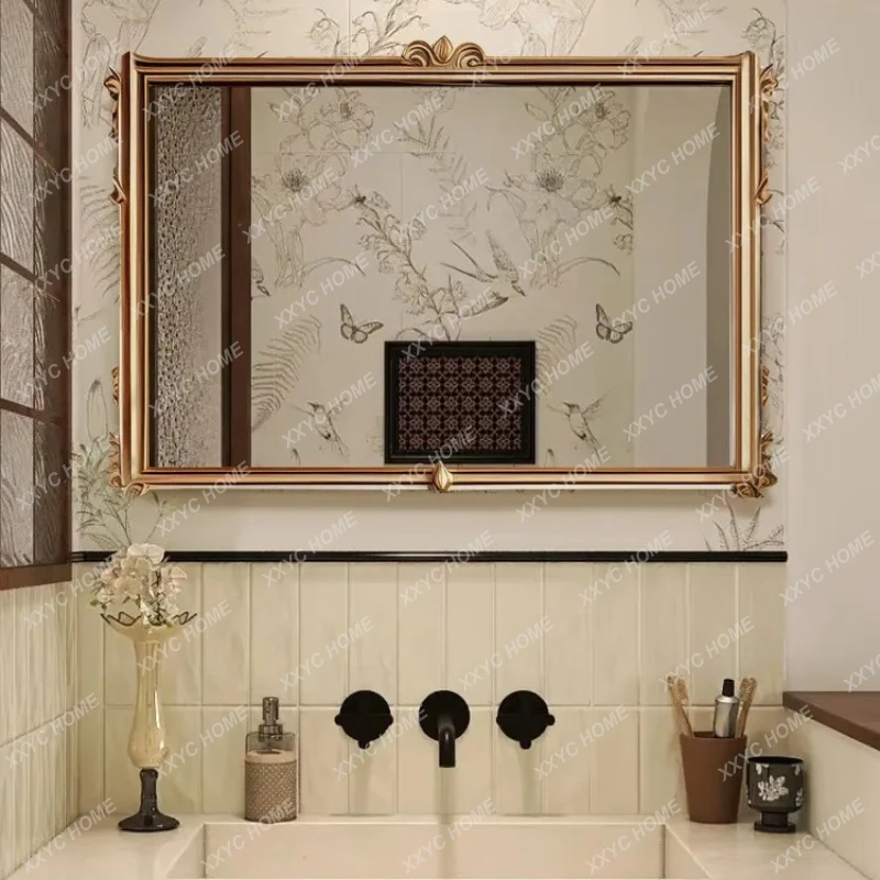 

Ретро-зеркало для ванной комнаты, настенное, с подсветкой, роскошное, резное, умное, с подсветкой, для умывальника, с лампой, зеркало для макияжа