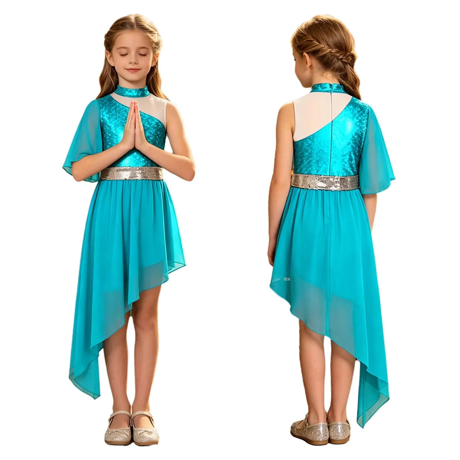 Kids Girls Liturgical Praise Dress Lyrical Dance Performance Costumes Children Metallic Church Choir Worship Ballroom Dancewear