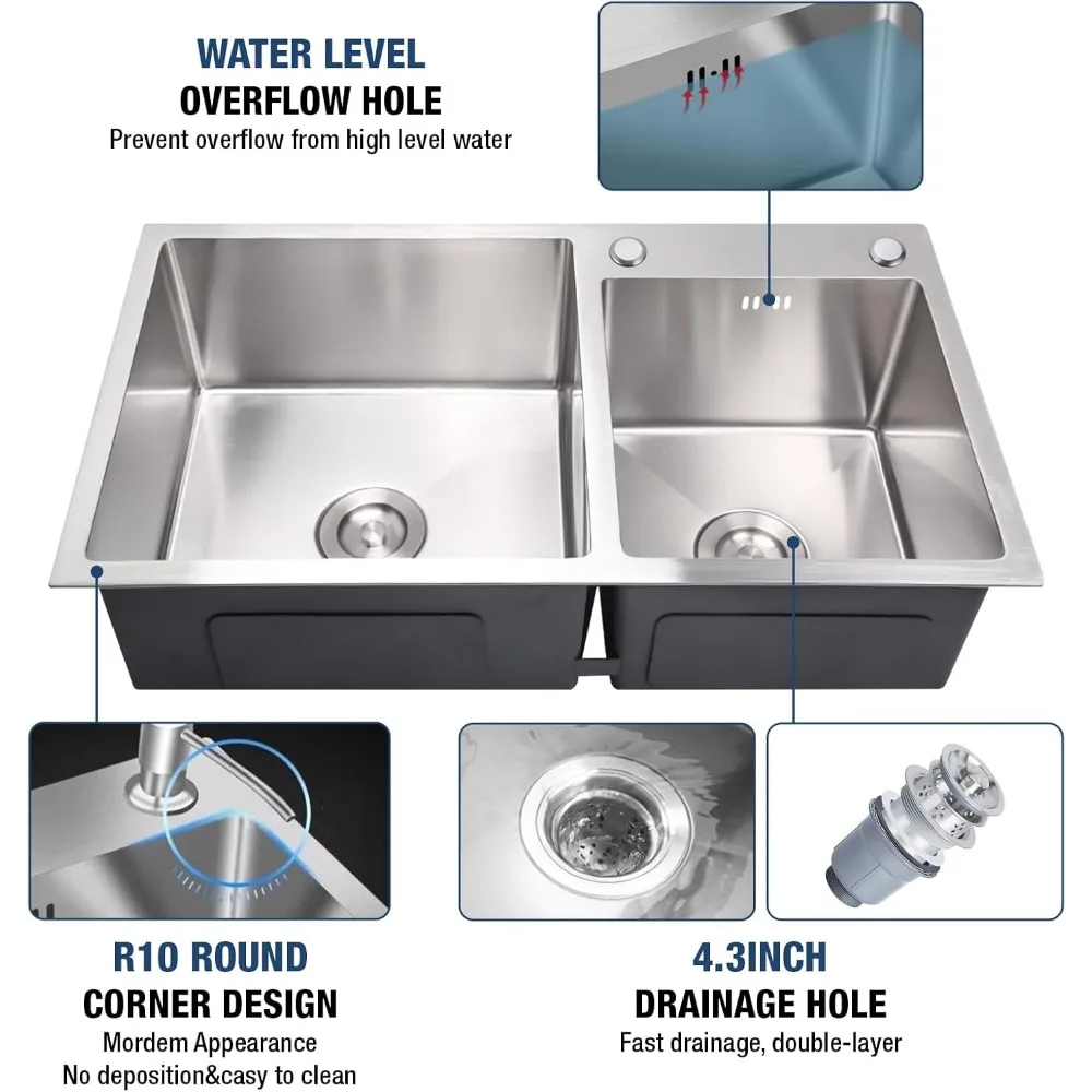 حوض مطبخ مزدوج من الفولاذ المقاوم للصدأ، 30.7 × 16.9 بوصة، مطلي بالنانو، قابل للسقوط والتركيب العلوي، مع أنابيب الصرف