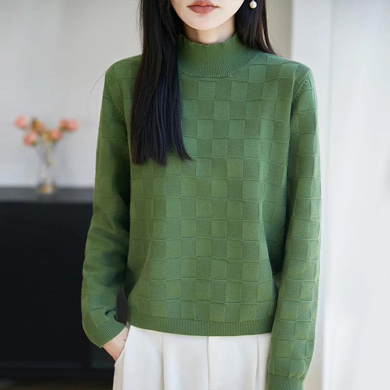 Ladies' 100% Cotton Knitted Sweater Autumn/Winter Casual Half High Collar Pullover Loose Solid Color Checkered Women's Top
