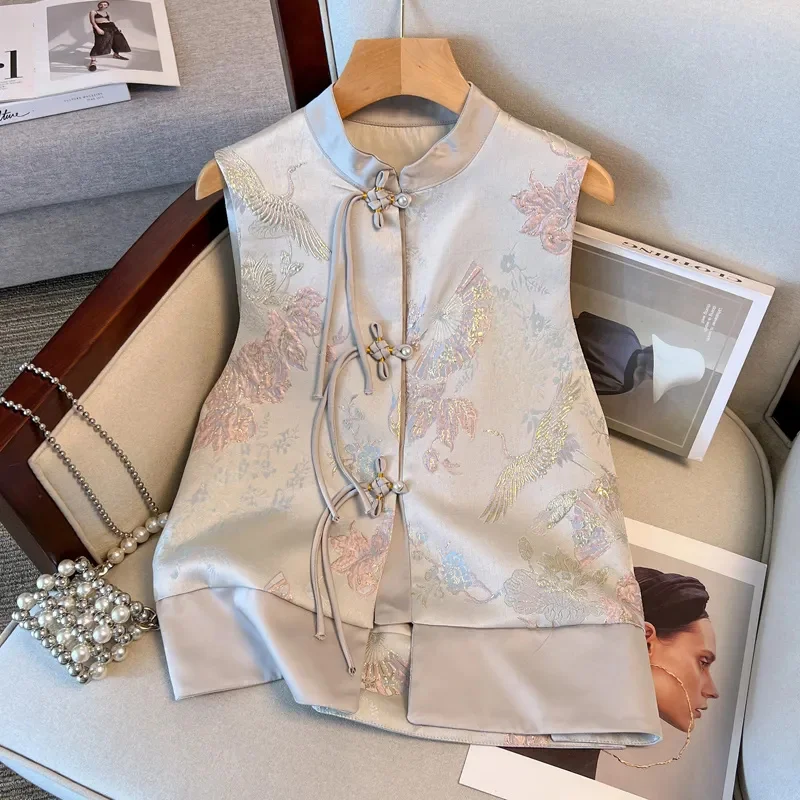 New Chinese Style Buckle Vest for Women 2025 New Spring Autumn Jacquard Sleeveless Jacket Tops Fashionable Vest Female Waistcoat