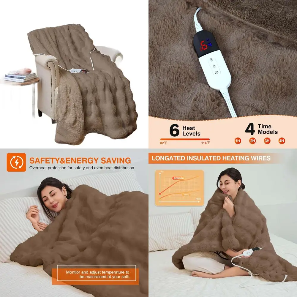 

Cozy 50x60 Faux Rabbit Fur Electric Blanket with 6 Heat Settings, 4-Hour Auto-Off, Overheating Protection, ETL Certified - Brown