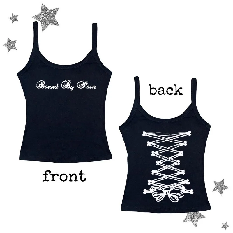 Women Gothic Bound By Pain Print Cami Tank Top Y2K Punk Bone Lace Up Back Spaghetti Strap Slim Sleeveless Crop Vest