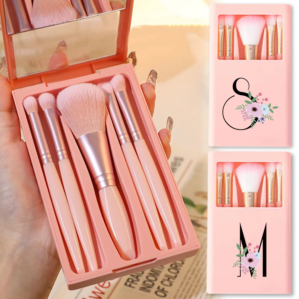 

5Pcs Women Makeup Brushes Set With Mirror Box Portable Cosmetic Brush Kit Beauty Soft Tools Case Flower And Black Letter Pattern