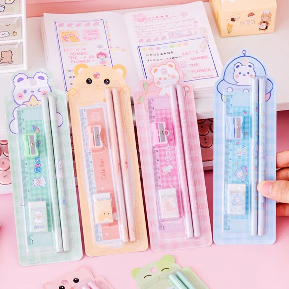 Students With Pencil Eraser Sharpener Ruler Combination Set Cartoon Children'S Sketch Pencil Set Learning Office Supplies