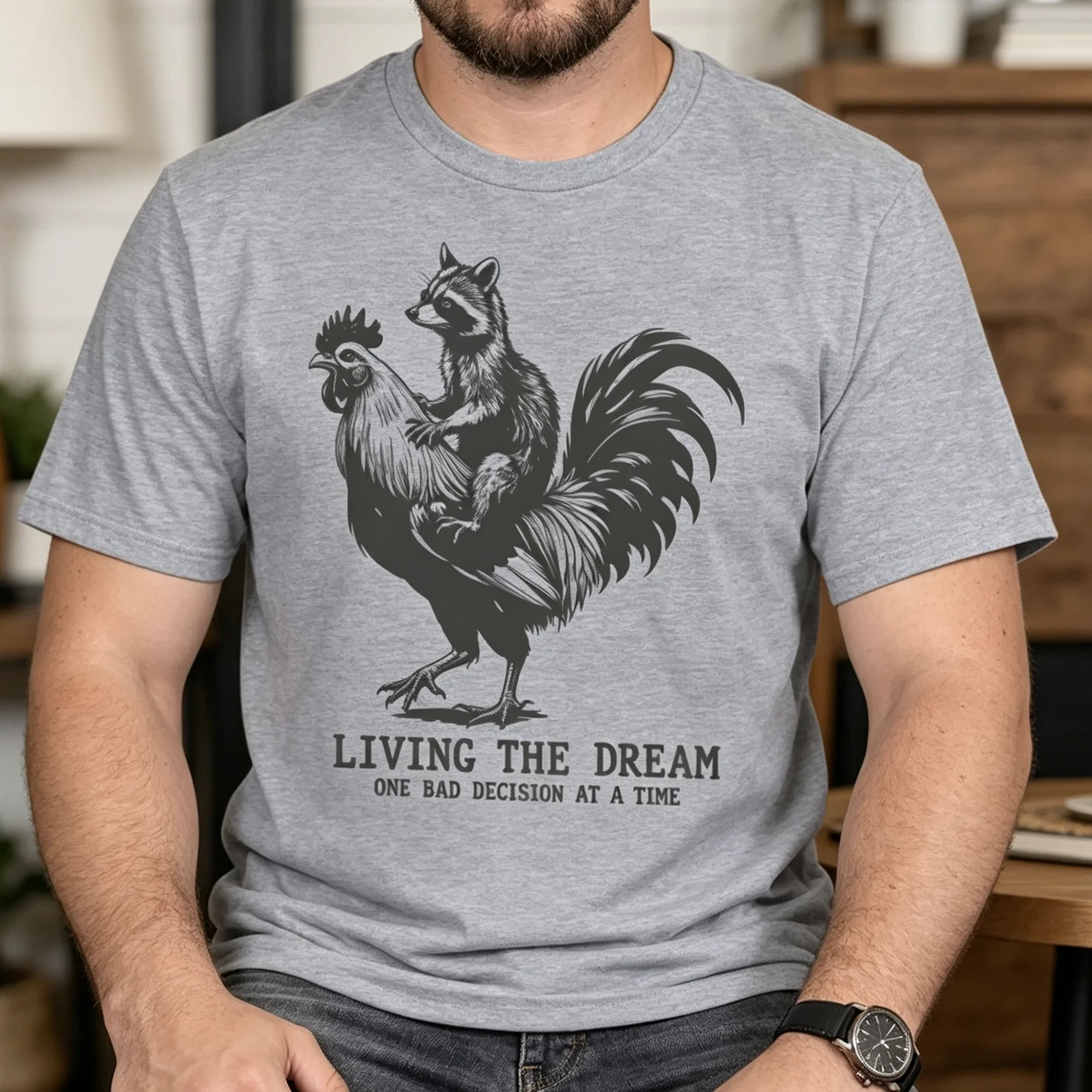 

Funny Raccoon Riding Chicken T-shirt "Living The Dream" Sarcastic Animal Meme Streetwear Casual Women Men Tees
