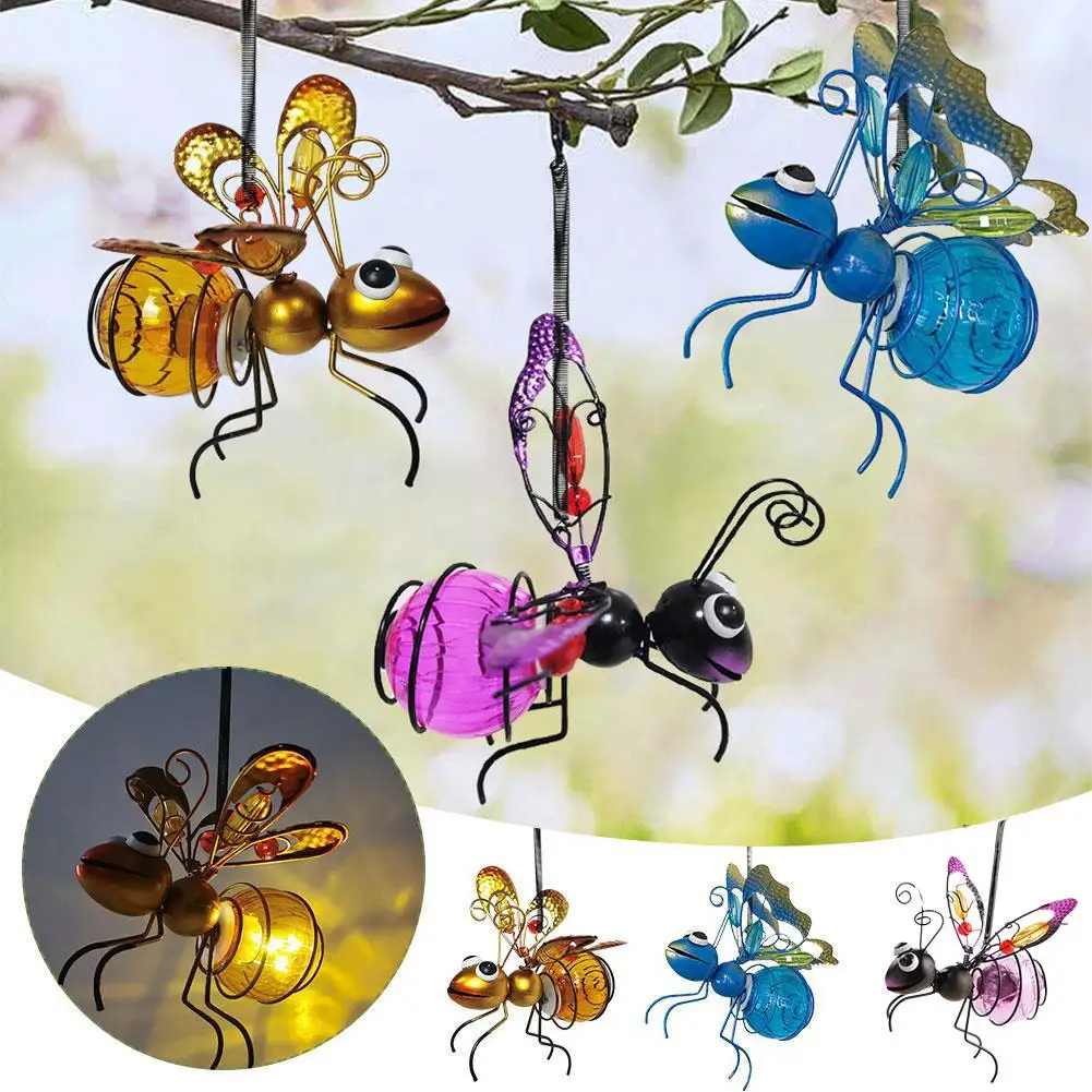 Solar Iron Insect Statue With LED Fairy Light Outdoor Waterproof Hanging Tree Ornament For Fence Yard Courtyard Garden Art Decor