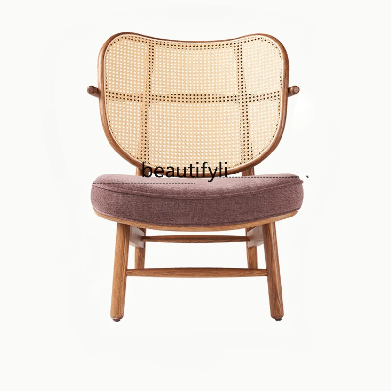 Retro Style Solid Wood Rattan Armchair Living Room Balcony High Sense Ash Leisure Chair Original Design