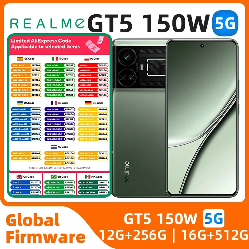 هاتف Realme-GT5 مستعمل ، Snapdragon 8Gen2 ، 5240 mAh ، IMX890 ، OIS ، 2772x1240 ، 144Hz ، Wifi 7 ، الكاميرا الرئيسية ، 50MP ، NFC ، OTA ، Rom العالمي ، الأصلي