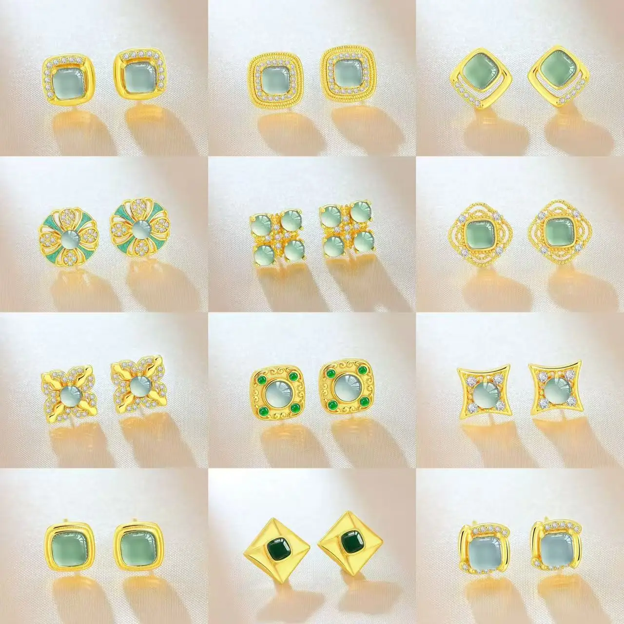 Ethnic Chinese Fashion Gold Earring for Women Traditional Court Craftsmanship Inlay Natural Jade Zircon Sparkling Luxury Jewelry