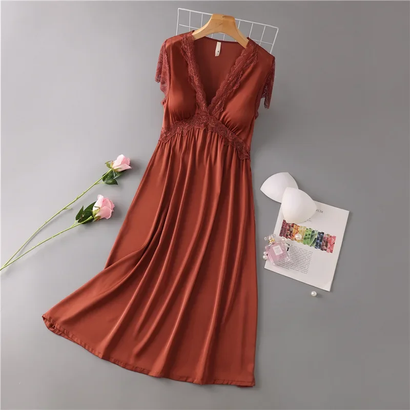 Summer New Sexy Nightgown Satin Long Sleep Dress For Women Lace Patchwork Nightdress Intimate Lingerie Loose Sleepwear Homewear