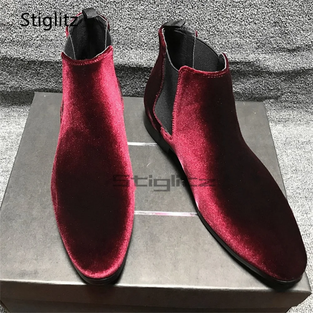 

Men's Wine Red Velvet Chelsea Boots Pointed Toe Elastic Band Slip On Low Heel Ankle Boots British Style Banquet Wedding Shoes