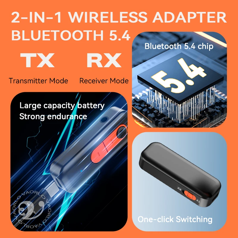 New Upgraded Bluetooth 5.4 Transmitter Receiver 3.5MM AUX RCA With Mic HiFi Stereo Music Wireless Adapter For PC TV Car Airplane