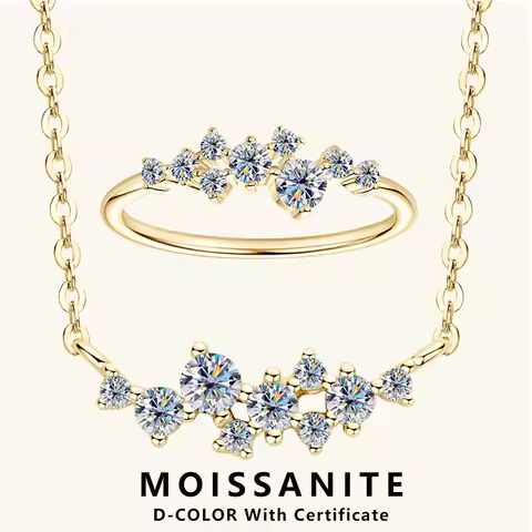 Lnngy Moissanite Diamond Necklace Ring 925 Sterling Silver Cluster Pendant Jewelry Set For Women Laides Engagement Rings Gift