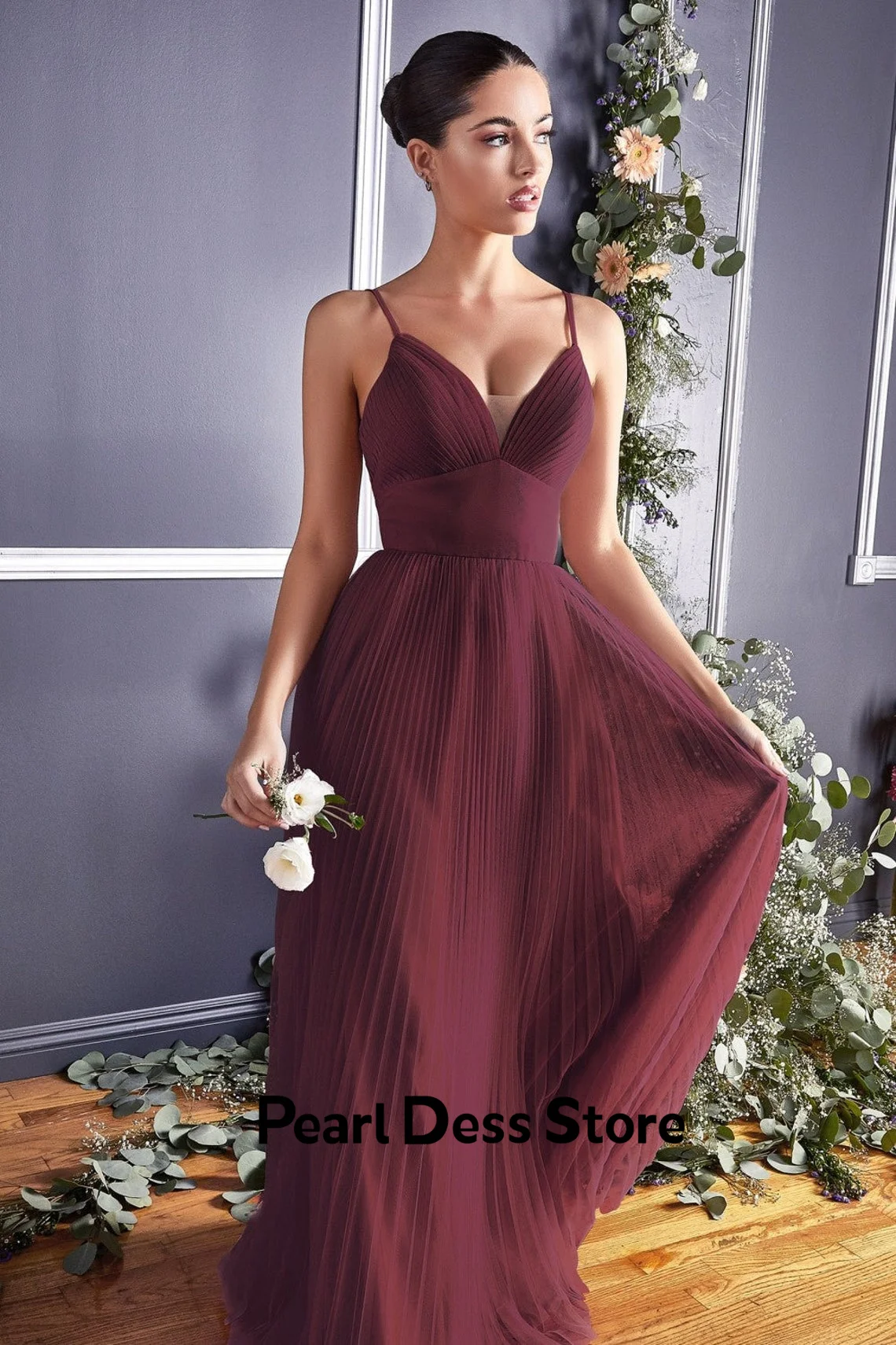 

A-line pleated tulle gathered chicken heart neckline evening dress with pointed back hollowed out formal party ball dress empire