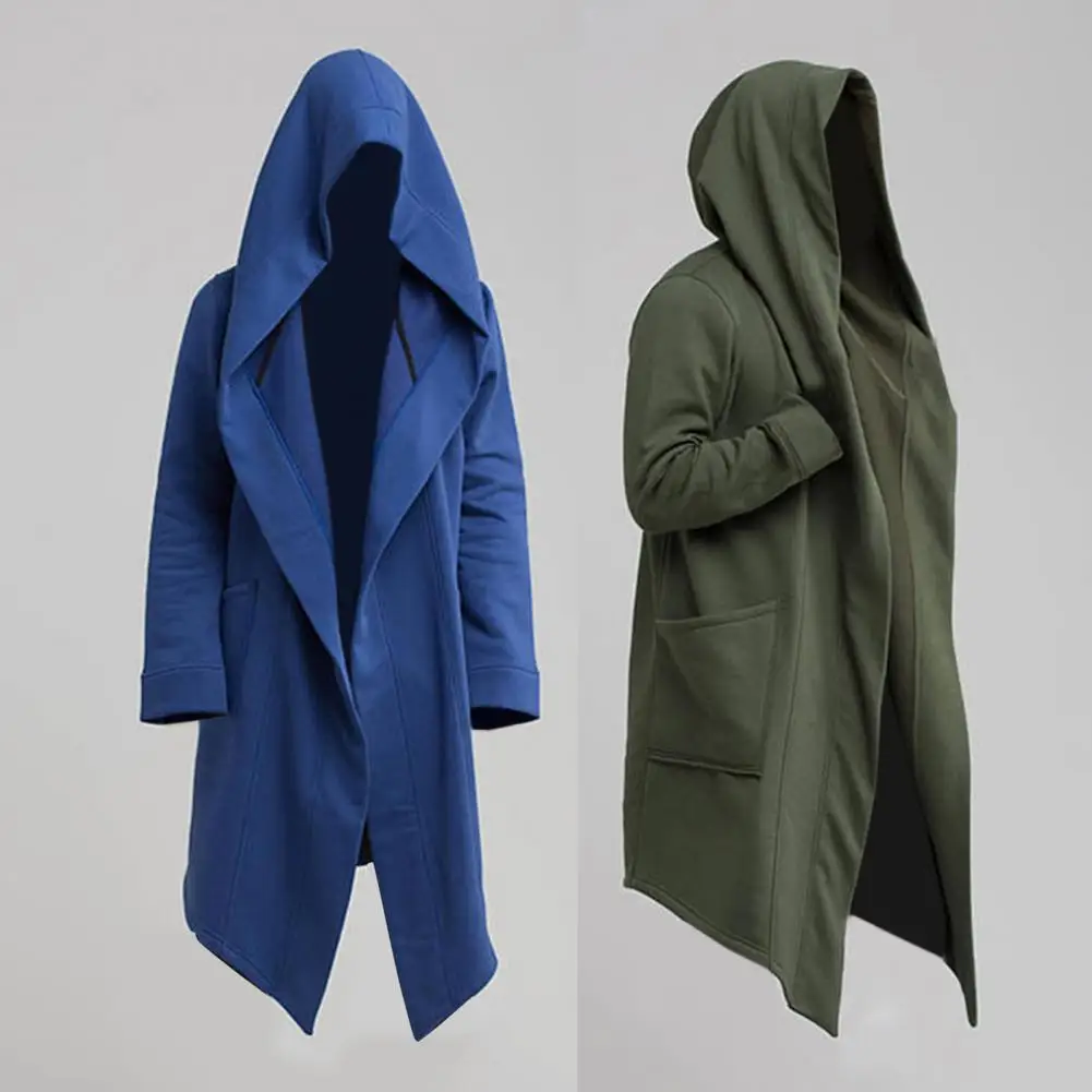 Cool Men Coat Solid Color Long Sleeve Extra Long Solid Color Long Sleeve Men Jacket  Coat Oblique Hem