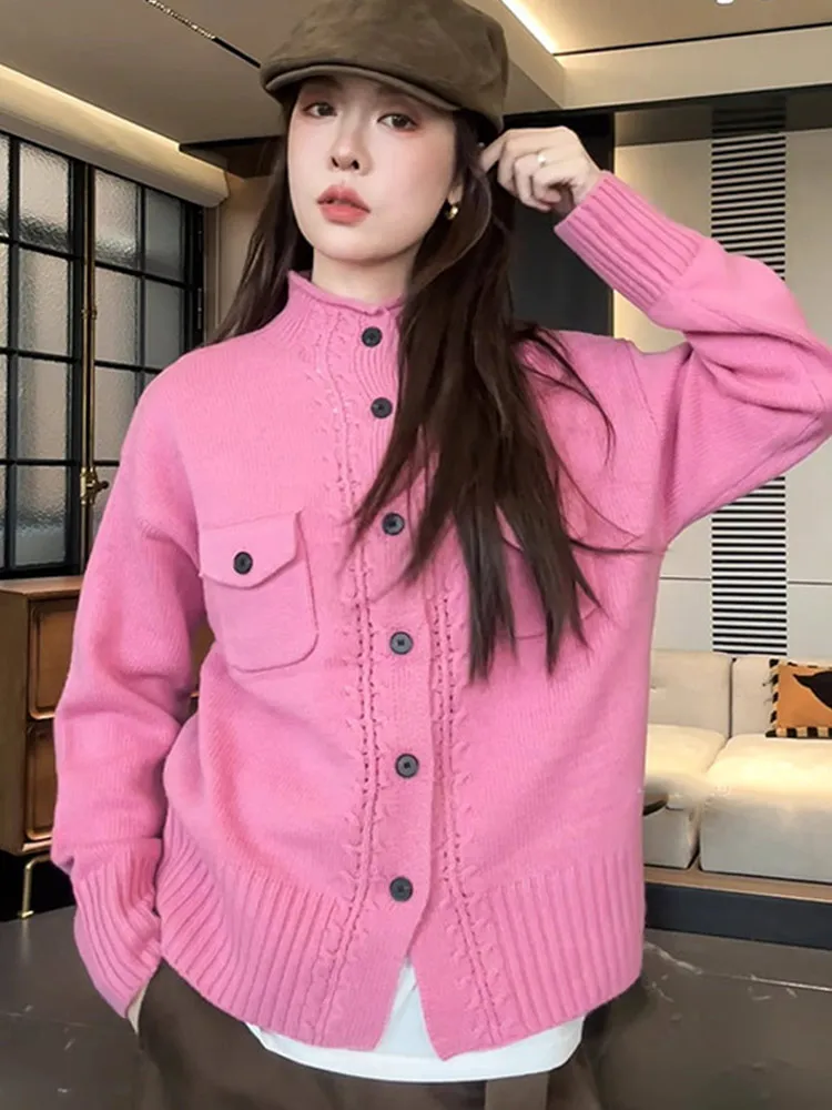 

Casual Color Knitted Long Sve Single Button Coat Simple Lazy Faion Design Trendy Top for Young Women in Autumn
