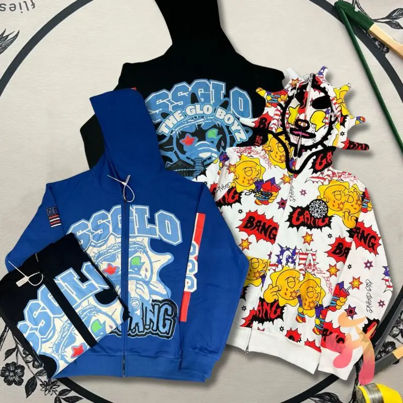 

Beverage Cartoon Graffiti Print Winter Glo Gang The Glory Zippered Hoodie Hiphop Street Blue Loose Men Women Jackets