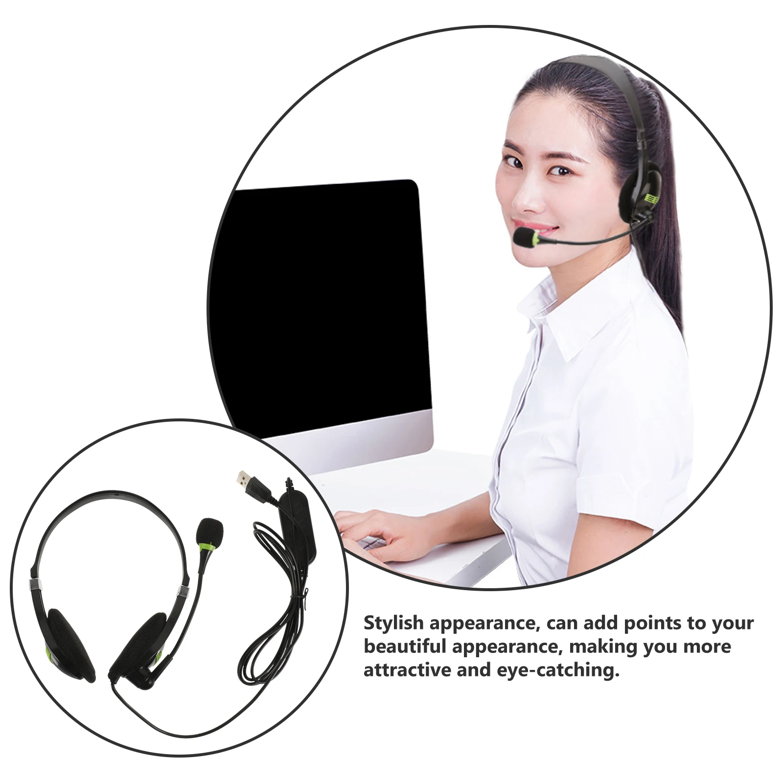 

USB Wired Headset Noise Cancelling Earphone Black Super Soft Earmuffs Flexible Mic for Office Customer Service Computer Laptop