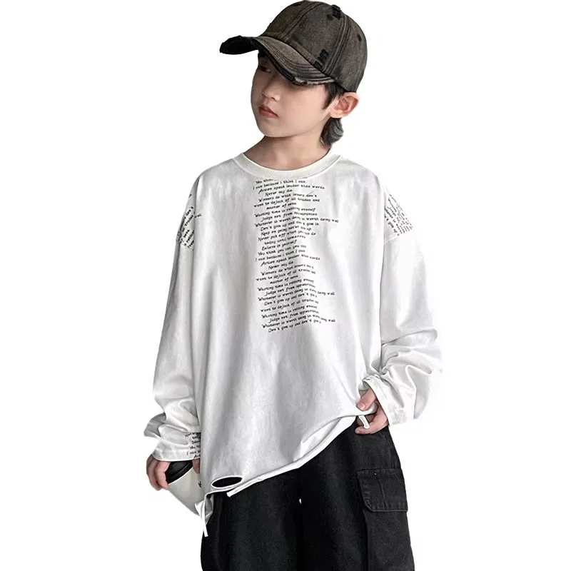 Fashion Spring Letter Pattern Clothes Teen Korean Casual Tops Boy Sweatshirt With Broken Hole T-shirt for Boys 5 7 9 11 13 14 Y