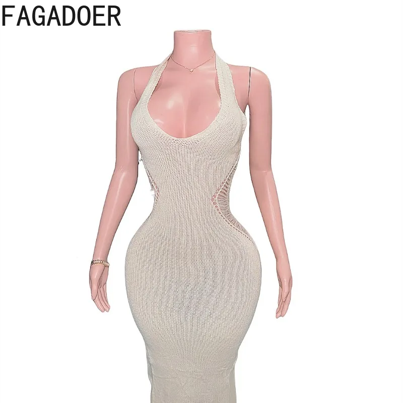 فستان ماكسي مثير منسوج من FAGADOER للنساء بلون سادة ورقبة رسن وخصر عالي فساتين ضيقة عصرية للعطلات