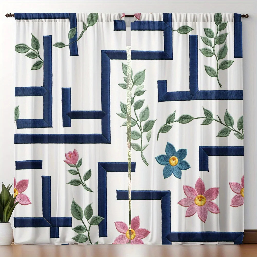 

Blue Geometric Pattern with Embroidered Pink-Blue Flowers & Green Leaves Curtains Set of 2 Rod Pocket Modern Home Decor