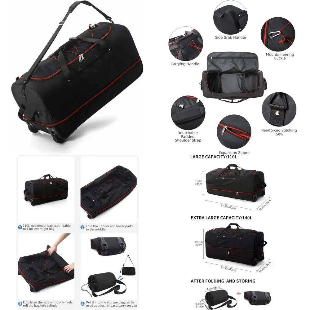 

Расширяемая мягкая складная спортивная сумка объемом 110–140 л с колесами и несколькими карманами для путешествий