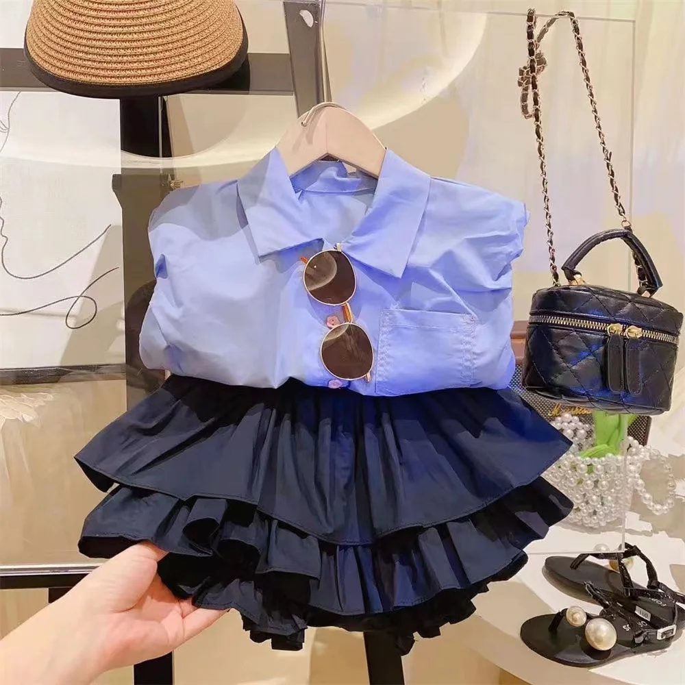 

Children's Clothing Girls' Summer Fashionable Stylish Suit Blue for Children Shirt Black Bud-Waisted Shorts Two-Piece Suit