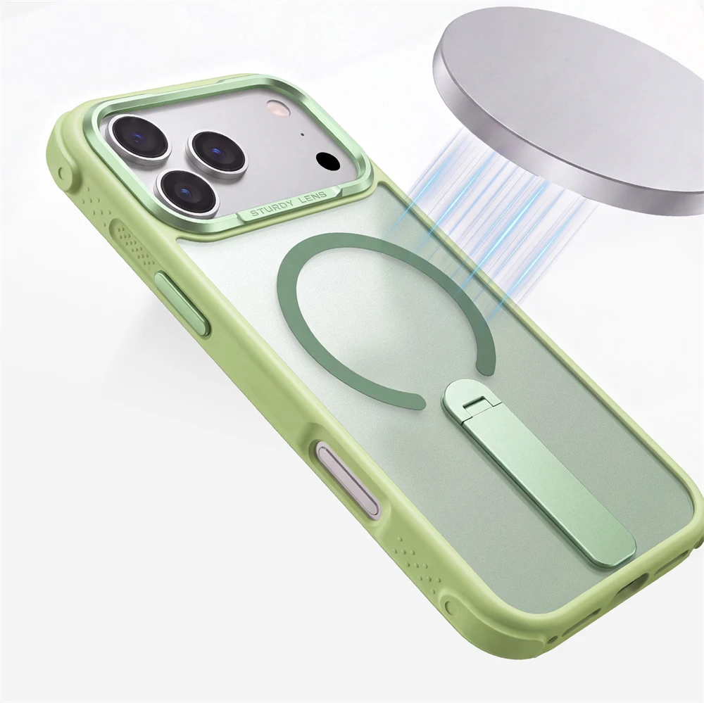 Matowe, półprzezroczyste, magnetyczne etui z obrotową podstawką, odporne na wstrząsy, do iPhone 18 17 Pro Max 16 15 14 13 12, z metalową osłoną obiektywu kompatybilne z Magsafe. — zdjęcie produktu 3