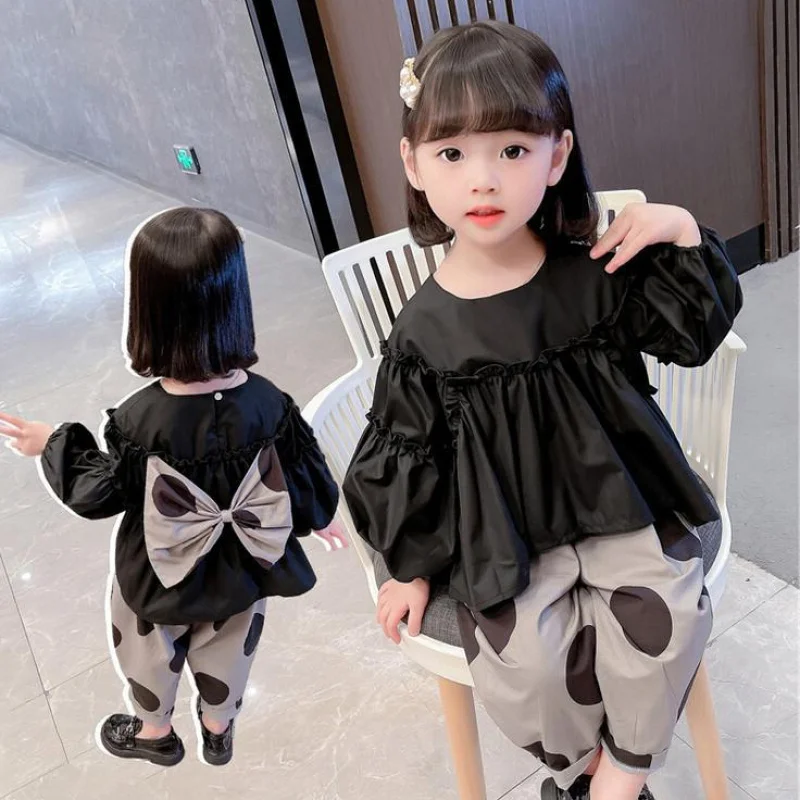 Girls' Set Big Bow Puff Sleeve Top with Polka Dot Long Pants2025Spring New Fashion Foreign Trade Children's Clothing Dropshippin