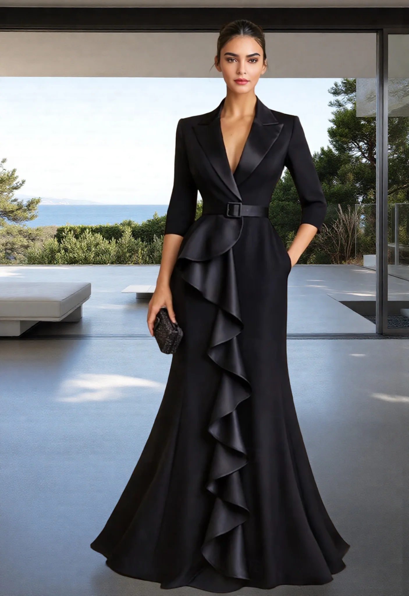 

Женское платье-смокинг Русалка Труба Свадебный формальный свадебный гость Эластичная ткань Элегантное вечернее платье длиной до пола с длинными рукавами