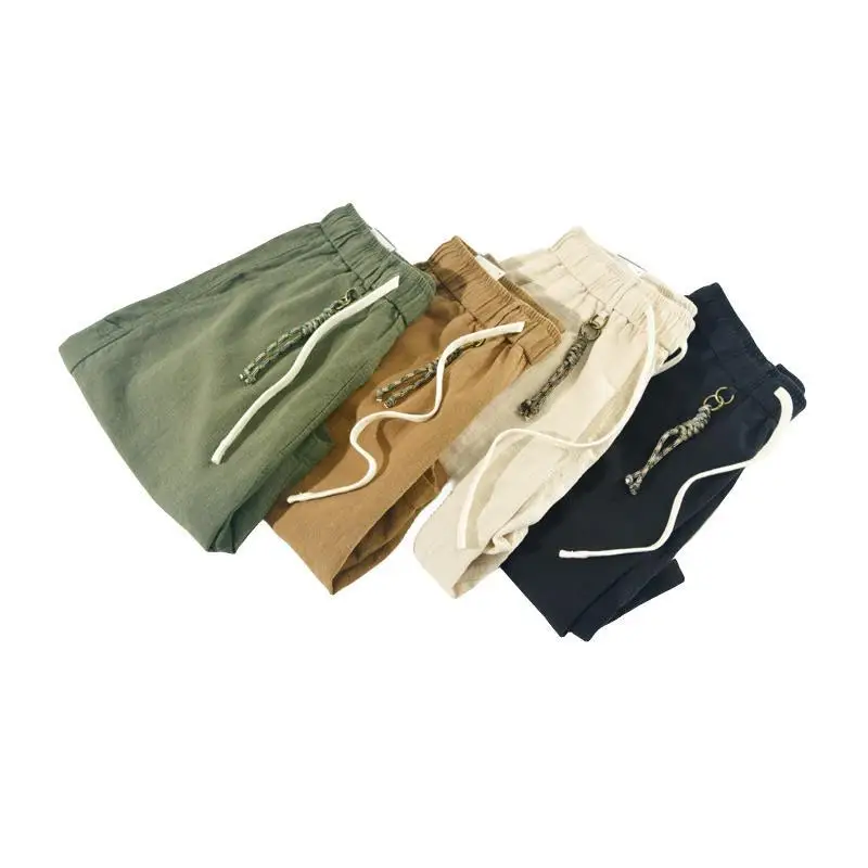 New Korea Summer Solid Cotton Linen Elastic Waist Thin Loose Casual Cargo Pocket Pants Men Shorts Male Clothing