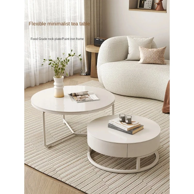 Cream Style Pure White Stone Plate Tea Table Combination Small Apartment Living Room Home round Tea Table Iron Simple Modern