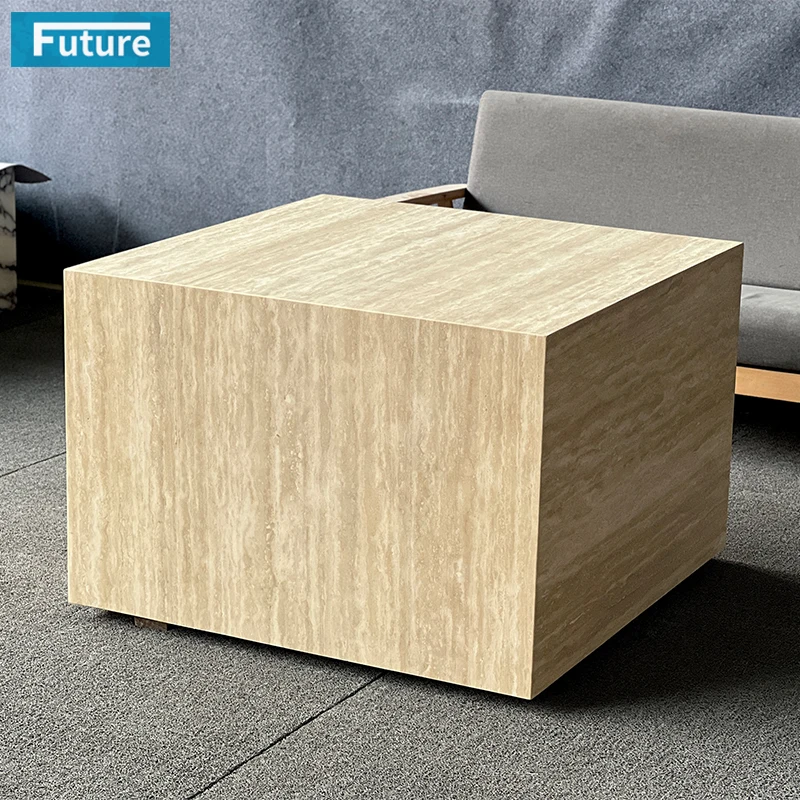 Beige Travertine Marble Coffee Table Center Table with Square Shape Luxury Mable Table for Living Room Coffee Shop Home Decor