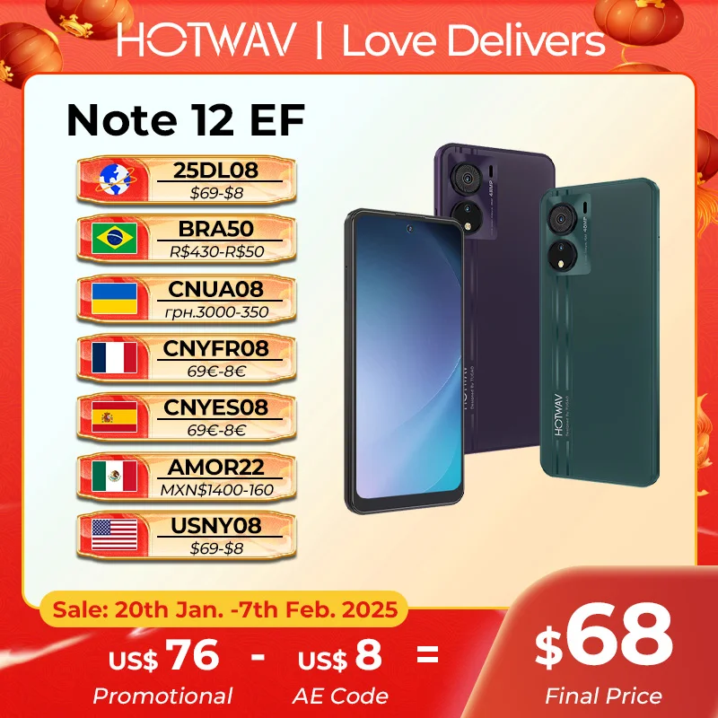 HOTWAV Note 12 EF Smartphone 6.8'' Large Display Android 14 OS 12(4+8)GB 128GB Mobile Phone 48MP 5160mAh Ultra-Thin Cellphone